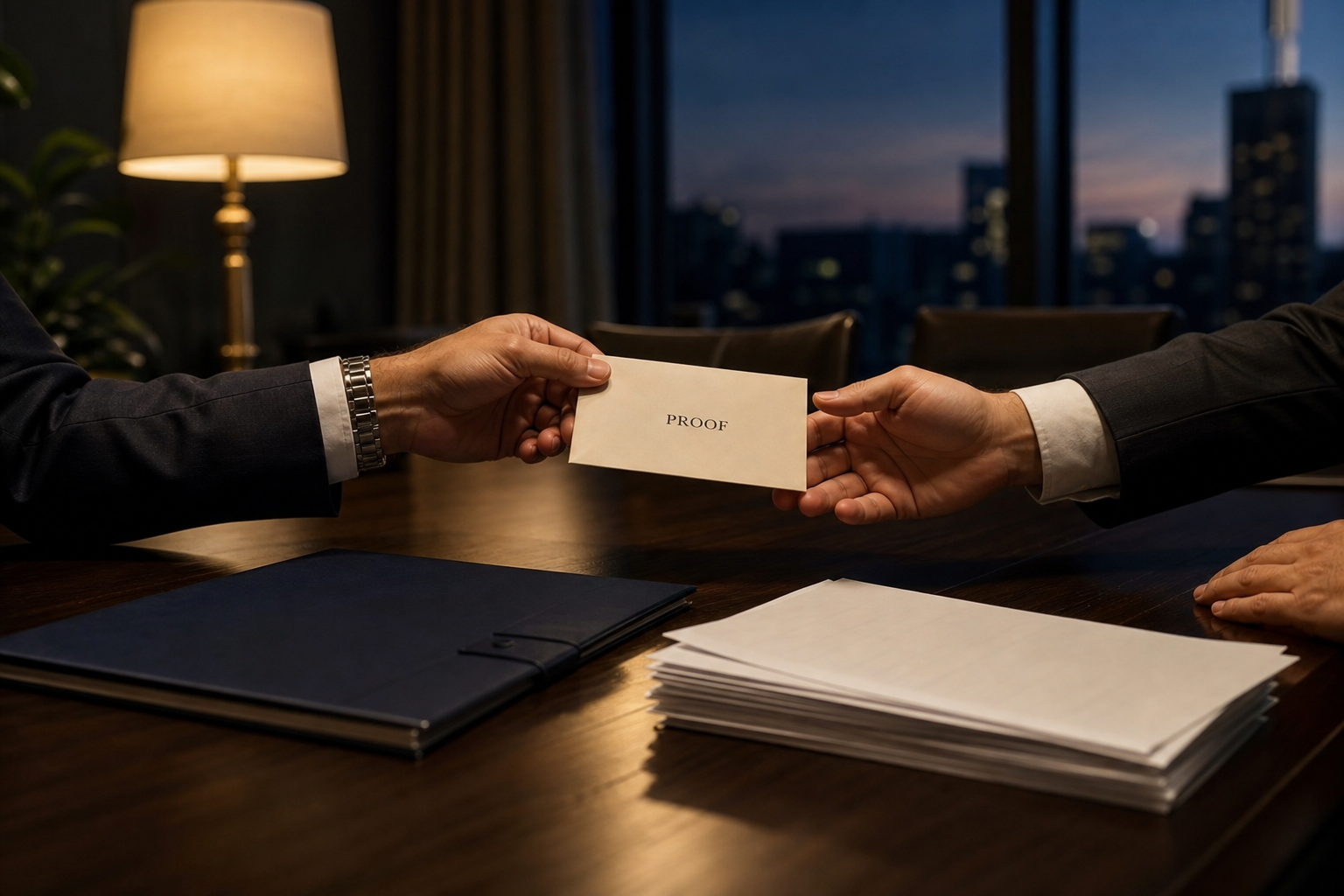 A proof envelope being passed across a meeting table while the tender folder stays closed.
